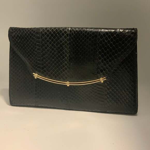 Vintage Black Snakeskin Envelope Clutch Bag - Gold Hardware Evening Purse